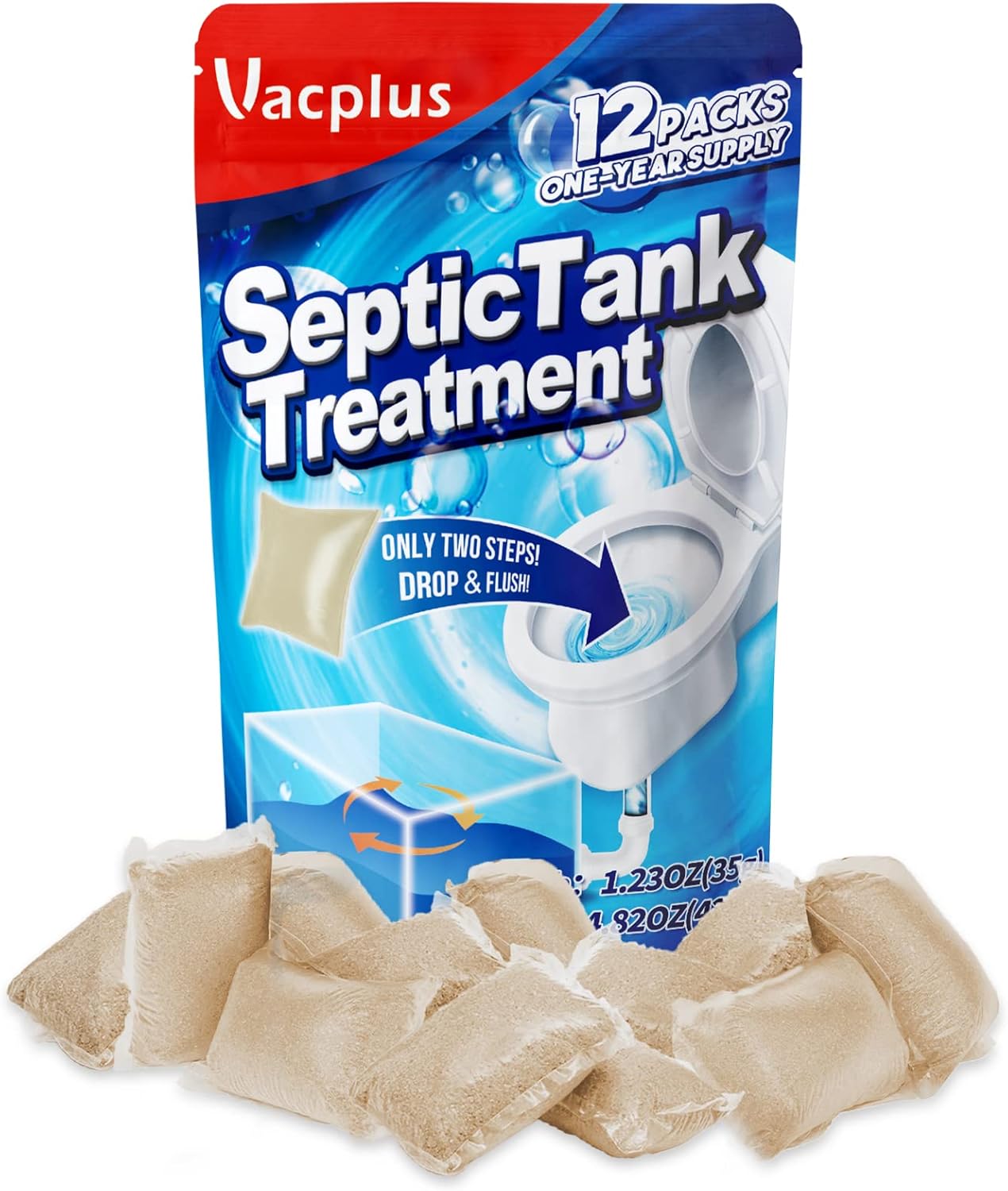 Vacplus Septic Tank Treatment - 12 Packs For 1-Year Supply, Flushable & Dissolvable Septic Tank Treatment Packets With Easy Operation, Biodegradable Septic Tank Treatment Enzymes For Wastes & Odors