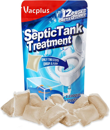 Vacplus Septic Tank Treatment - 12 Packs For 1-Year Supply, Flushable & Dissolvable Septic Tank Treatment Packets With Easy Operation, Biodegradable Septic Tank Treatment Enzymes For Wastes & Odors