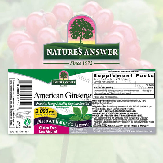Nature's Answer American Gingseng Root Supplement with Organic Alcohol, 1-  | Immune Support | Promotes Cognitive Function | Natural Energy Booster