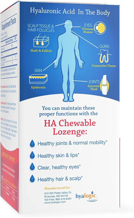 Hyalogic Hyaluronic Acid Chewables 60 Count- Great Tasting Berry Flavored (120 mg per 2 tabs) - Defy Aging Naturally - Sugar Free HA Supplement for Joint Support, Skincare & Eye Health