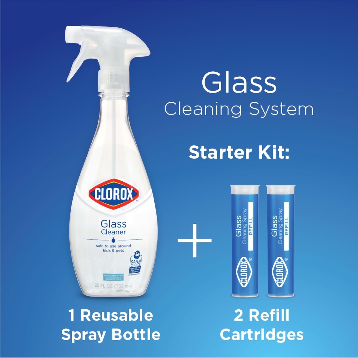 Clorox Glass Cleaner Refill Cartridge For Glass Cleaner Reusable Spray Bottle Two Refill Cartridges Ounces, Household Essentials, Package May Vary, 2 Piece Set, 0.66 Fl Oz