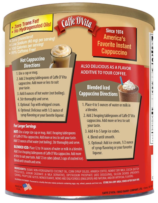 Caffe D'Vita Mocha Cappuccino Mix - Mocha Powder Mix, Instant Cappuccino Mix, Gluten Free, No Cholesterol, No Hydrogenated Oils, No Trans Fat, 99% Caffeine Free, Mocha Mix - - 60 Oz