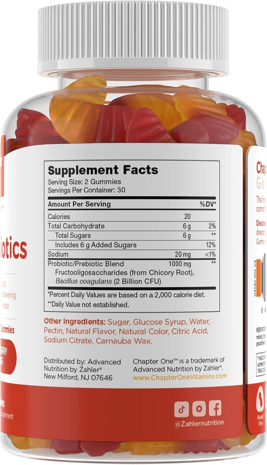 Zahler Chapter One Probiotic Gummies For Kids - Probiotics Gummies With Prebiotic Blend - Raspberry Orange Flavor - Kosher Vegetarian Non Gmo Probiotics For Kids - Probiotic With Fiber (60 Count)