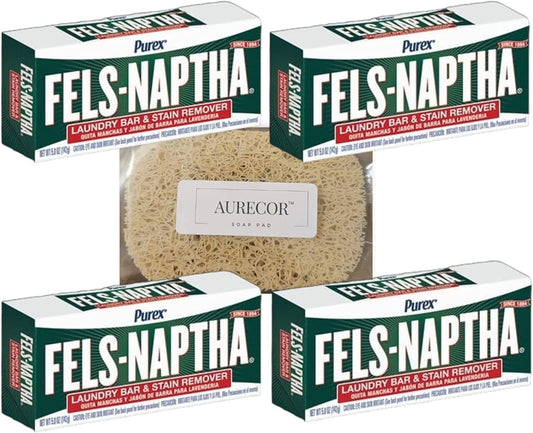 Fels Naptha Laundry Bar and Stain Remover, 5.0 Ounce (Pack of 4) with Aurecor Soap Pad