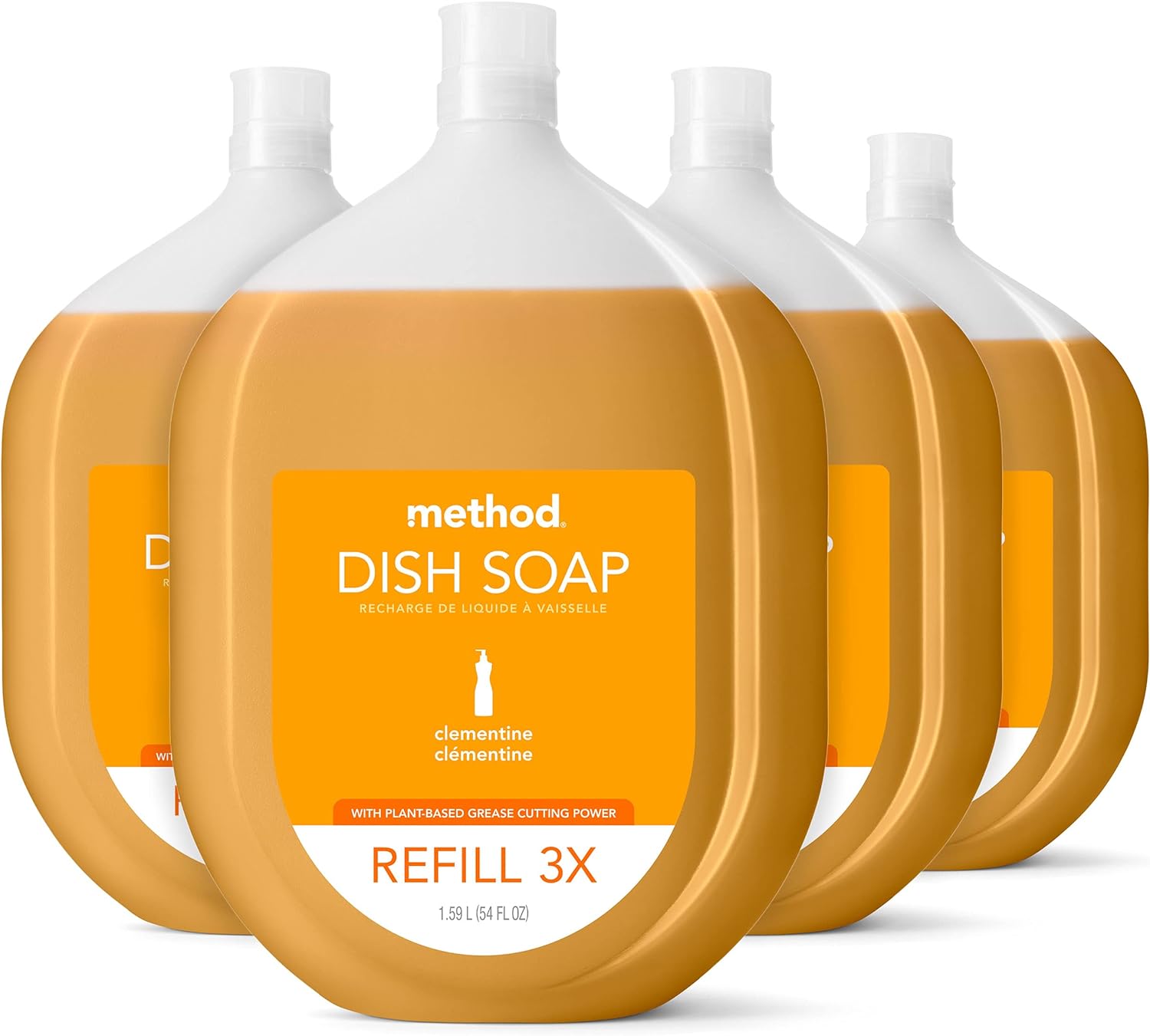 Method Dish Soap, Refill, Clementine, Biodegradable Formula, Tough on Grease, 54 oz (Pack of 4)