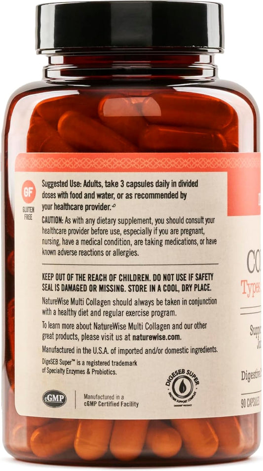 Naturewise Multi Collagen Peptides Pills For Women & Men - Type I, Ii, Iii, V, X W/Hyaluronic Acid - Supports Skin, Hair, Joint Health* - Grass Fed, Gluten Free, Non-Gmo - 90 Capsules[30 Day Supply]