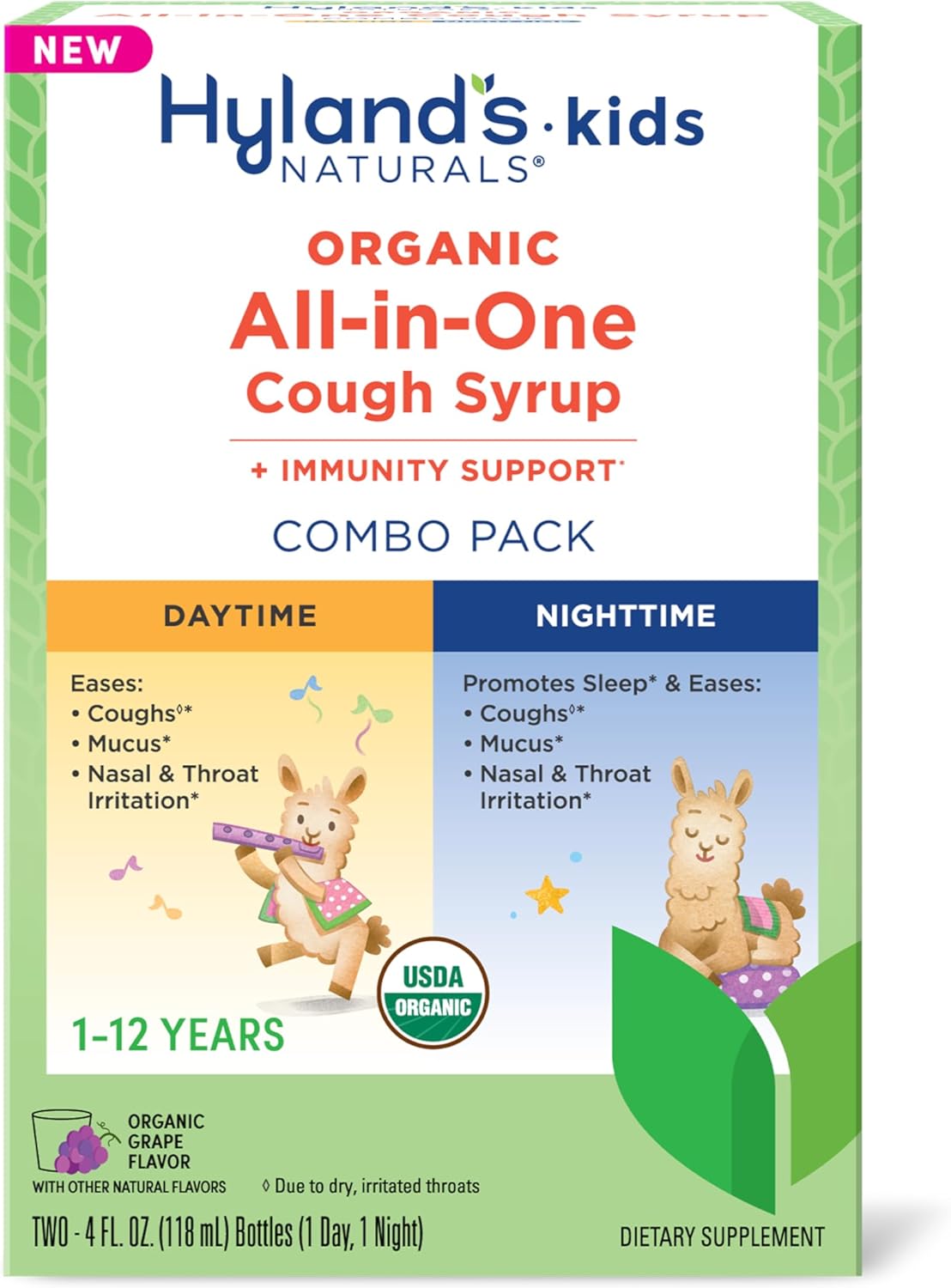 Hyland'S Kids Organic All-In-One Grape Cough Syrup Day & Night, Eases Cough & Mucus Symptoms, Promotes Sleep, Organic Grape, 8 Fl. Oz. (Two 4 Ounce Bottles)