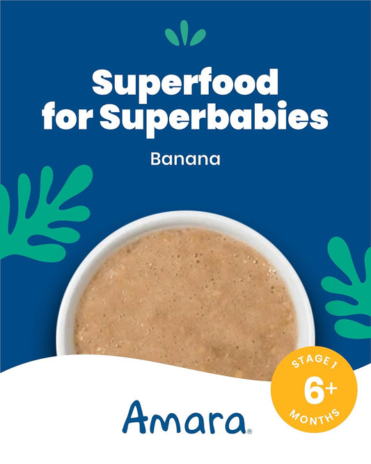 Amara Organic Baby Food - Stage 1 - Banana - Baby Cereal To Mix With Breastmilk, Water Or Baby Formula - Shelf Stable Baby Food Pouches Made From Organic Fruit - 7 Pouches, 3.5Oz Per Serving