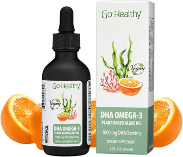 Go Healthy DHA Omega 3 Supplement Liquid Drops for Kids, Children, Infants & Adults - Vegan Omega 3 Fish Oil Alternative, Orange Flavor, 30,000 mg DHA per Bottle 30-120 Servings