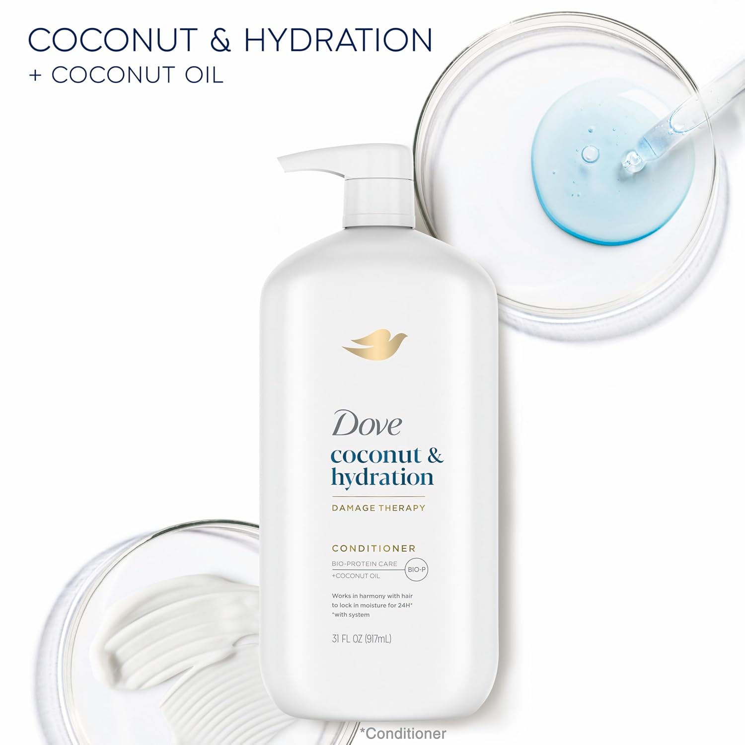 Dove Conditioner Coconut & Hydration Pack of 4 for Dry Hair Conditioner with Coconut Oil, Jojoba Oil & Sweet Almond Oil 31 oz