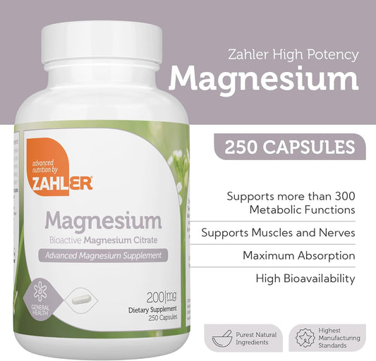 Zahler - Magnesium Supplement Capsules 200 Mg (250 Count) Certified Kosher Bioactive Magnesium Citrate For Max Absorption - Natural Magnesium Mineral For Men & Women - Best Magnesium Supplements