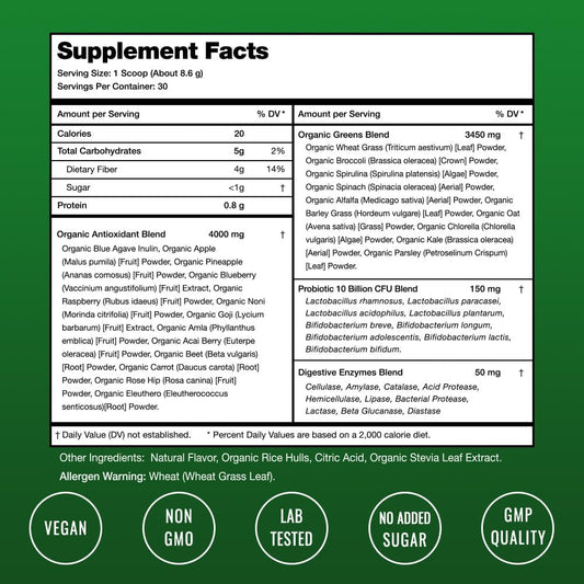 Nutrachamps Super Greens Powder Premium Superfood | 20+ Organic Green Veggie Whole Foods | Wheat Grass, Spirulina, Chlorella | Antioxidant, Digestive Enzyme & Probiotic Blends (9.0 Oz, Berry)