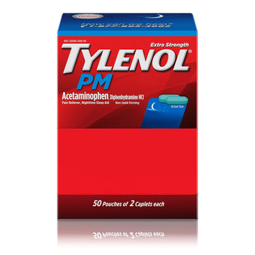 Tylenol PM Extra Strength Nighttime Pain Reliever Sleep Aid Caplets with Acetaminophen & Diphenhydramine HCl, Relief for Nighttime Aches & Pains, Travel Size, 50 Packs of 2 Caplets