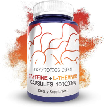 Nootropics Depot Caffeine and L-Theanine Capsules | 60 Pills | Contains 100mg of Caffeine and 200mg of L-Theanine | Natural Supplement | Energy Booster | Mental Focus + Alertness | Coffee Alternative