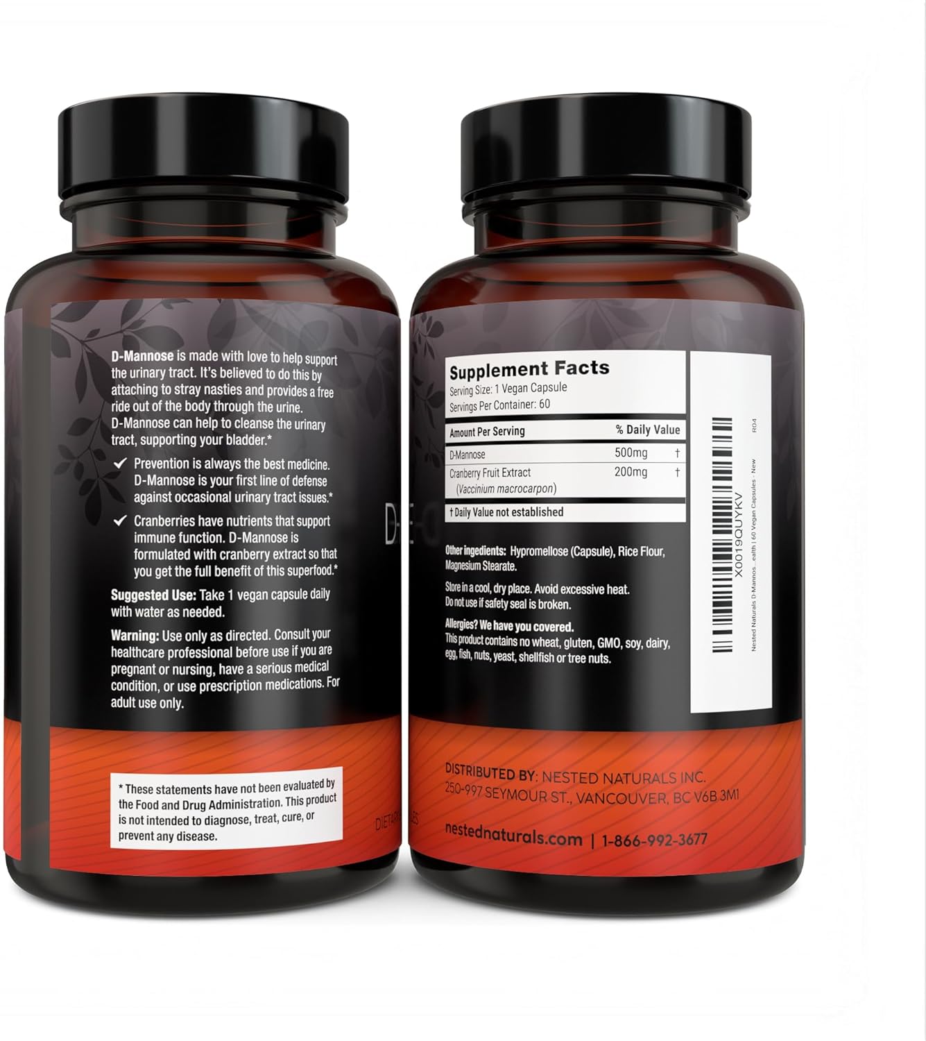 Nested Naturals D-Mannose 500mg Caspules with Cranberry Extract, D Mannose Cranberry Pills, Urinary & Bladder Support, 60 Vegan Capsules : Health & Household