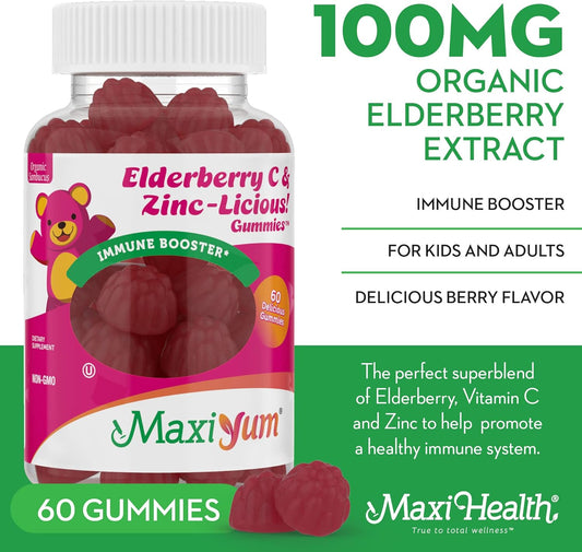 Elderberry Zinc Gummies - Organic Sambucus Elderberry Gummies With Zinc And Vitamin C - Vegan Immune Support For Adults And Kids - Chewable Elderberries Supplements For Immunity Boost - 60 Gummies