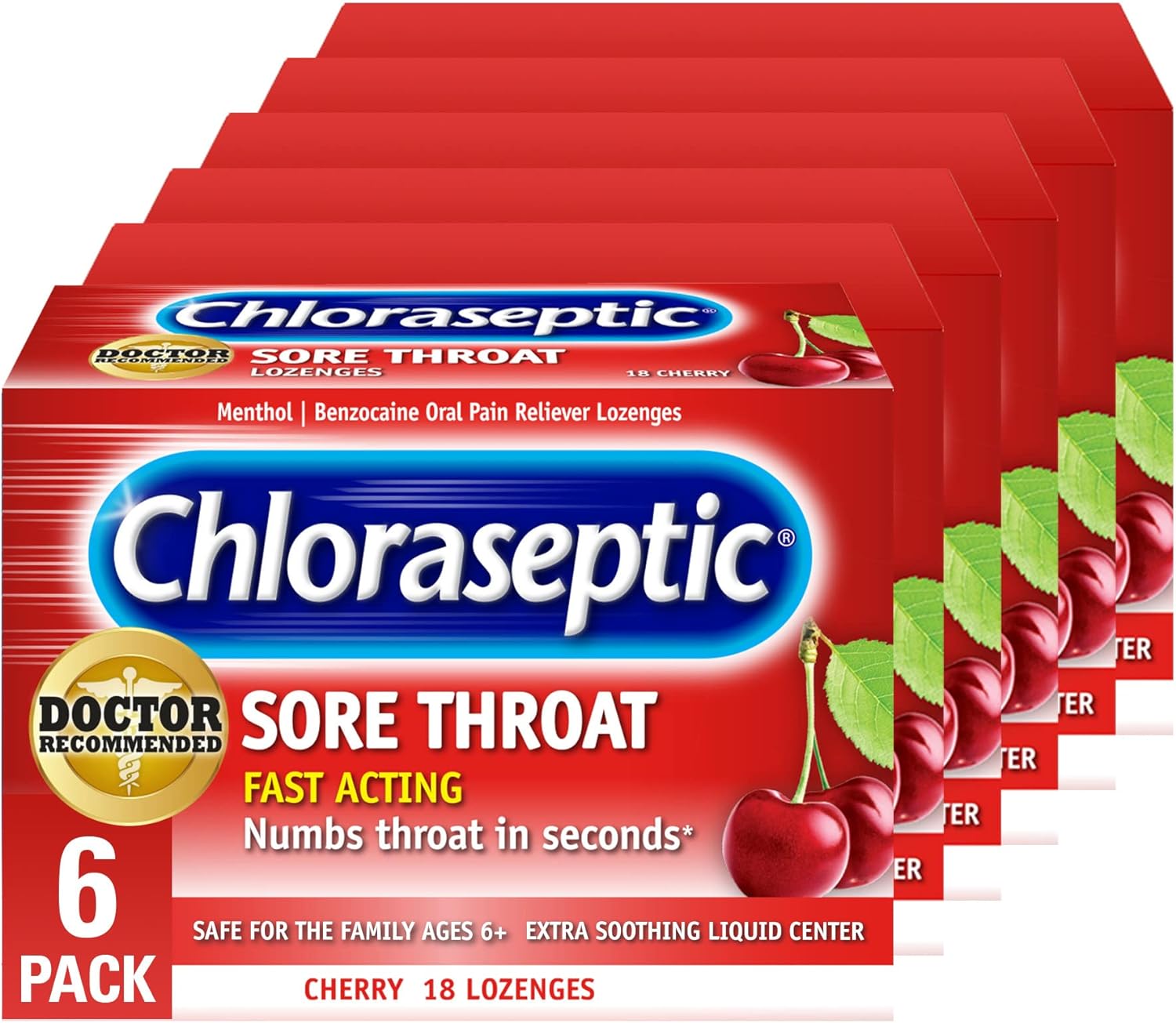 Chloraseptic Sore Throat Lozenges, Cherry, 18 Count, 6 Pack