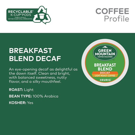 Green Mountain Coffee Roasters Decaf Breakfast Blend , Single-Serve Keurig K-Cup Pods, Light Roast Coffee, 32 Count