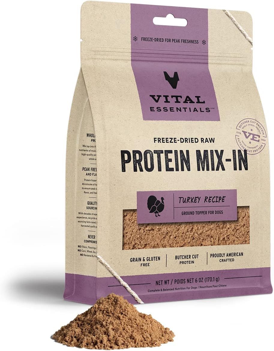 Vital Essentials Freeze Dried Raw Protein Mix-In Dog Food Topper, Turkey Ground Topper For Dogs, 6 Oz