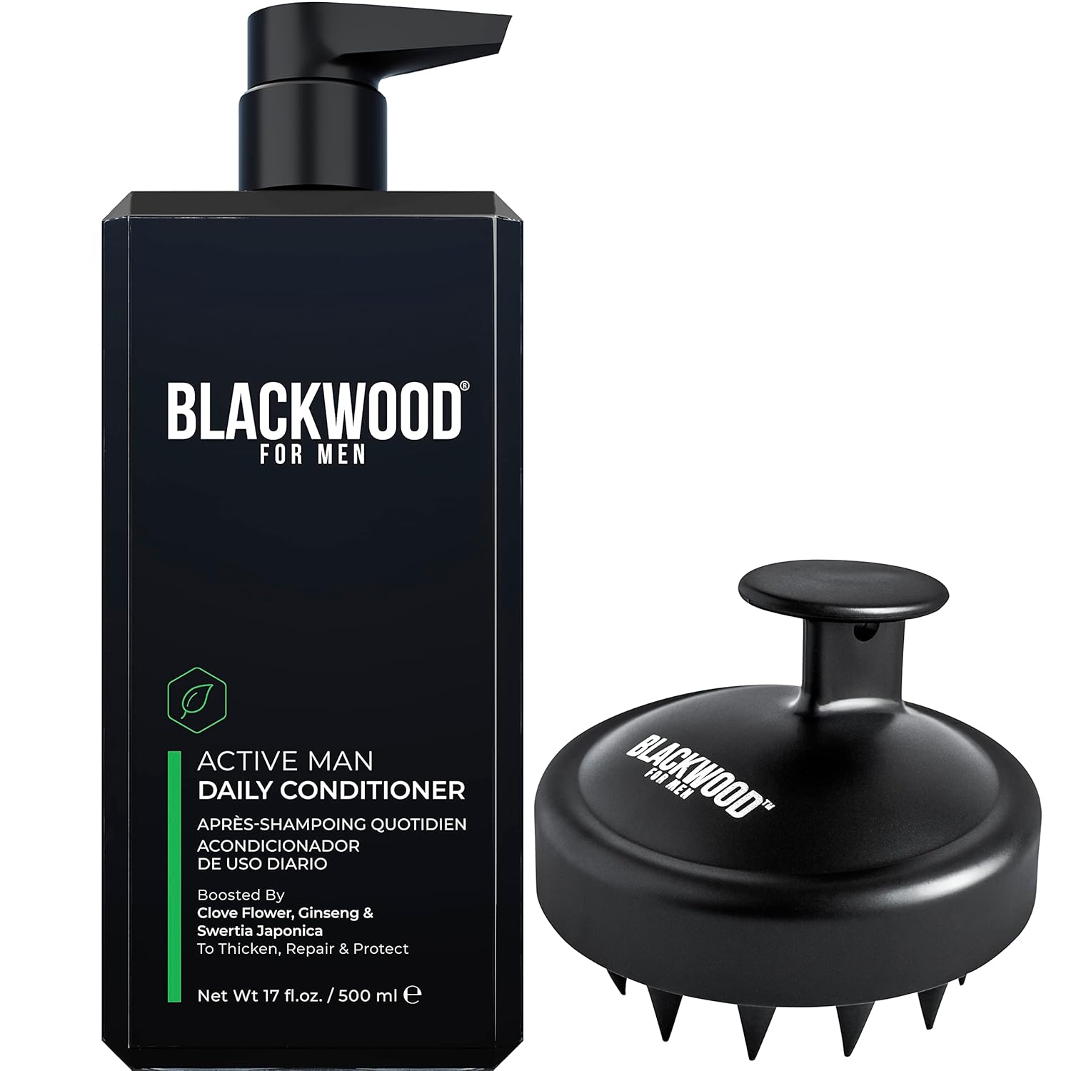 Blackwood For Men Active Man Daily Vegan & Natural Thickening Conditioner Deep Treatment For Shine (17 Oz) And Healthy Hair Growth Stimulating Scalp Massager Bundle