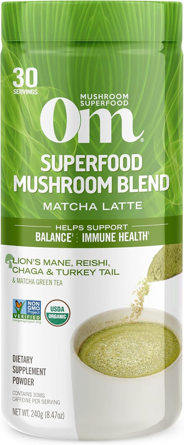 Om Mushroom Superfood Matcha Latte Blend Mushroom Powder, 8.47 Ounce Canister, 30 Servings, Green Tea, Lion'S Mane, Reishi, Chaga, Turkey Tail, Focus & Stress Support Supplement