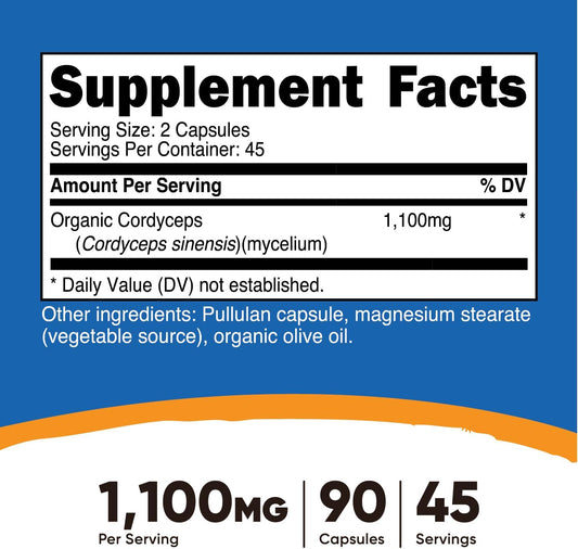 Nutricost Cordyceps Mushroom Capsules 1100Mg, 45 Serv - Ccof Certified Made With Organic, Vegetarian, Gluten Free, 550Mg Per Capsule (90 Capsules)