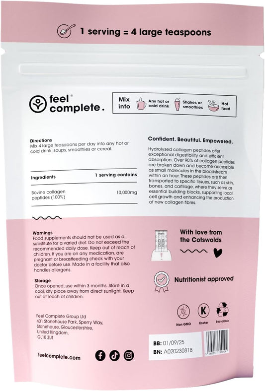 Feel Complete | Tasteless Collagen For Women | Grass Fed & Hydrolysed | Low Calorie | Premium Type 1 & 3 Bovine Collagen Peptides | Halal | Anti Ageing | Hair, Skin & Muscles | 300G | 30 Servings