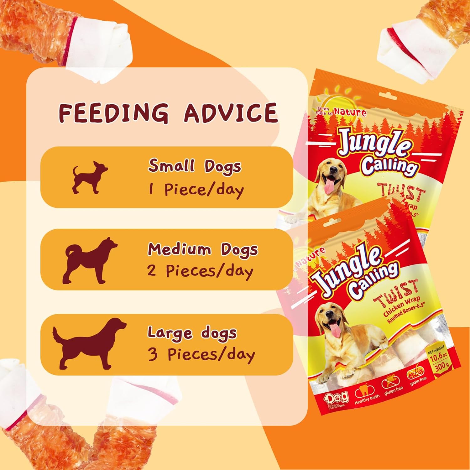 Jungle Calling Chicken Wrap Knotted Bones Dog Chews, Long Lasting Beefhide Treats Real Rawhide Bones for Large Dogs Training Treats : Pet Supplies