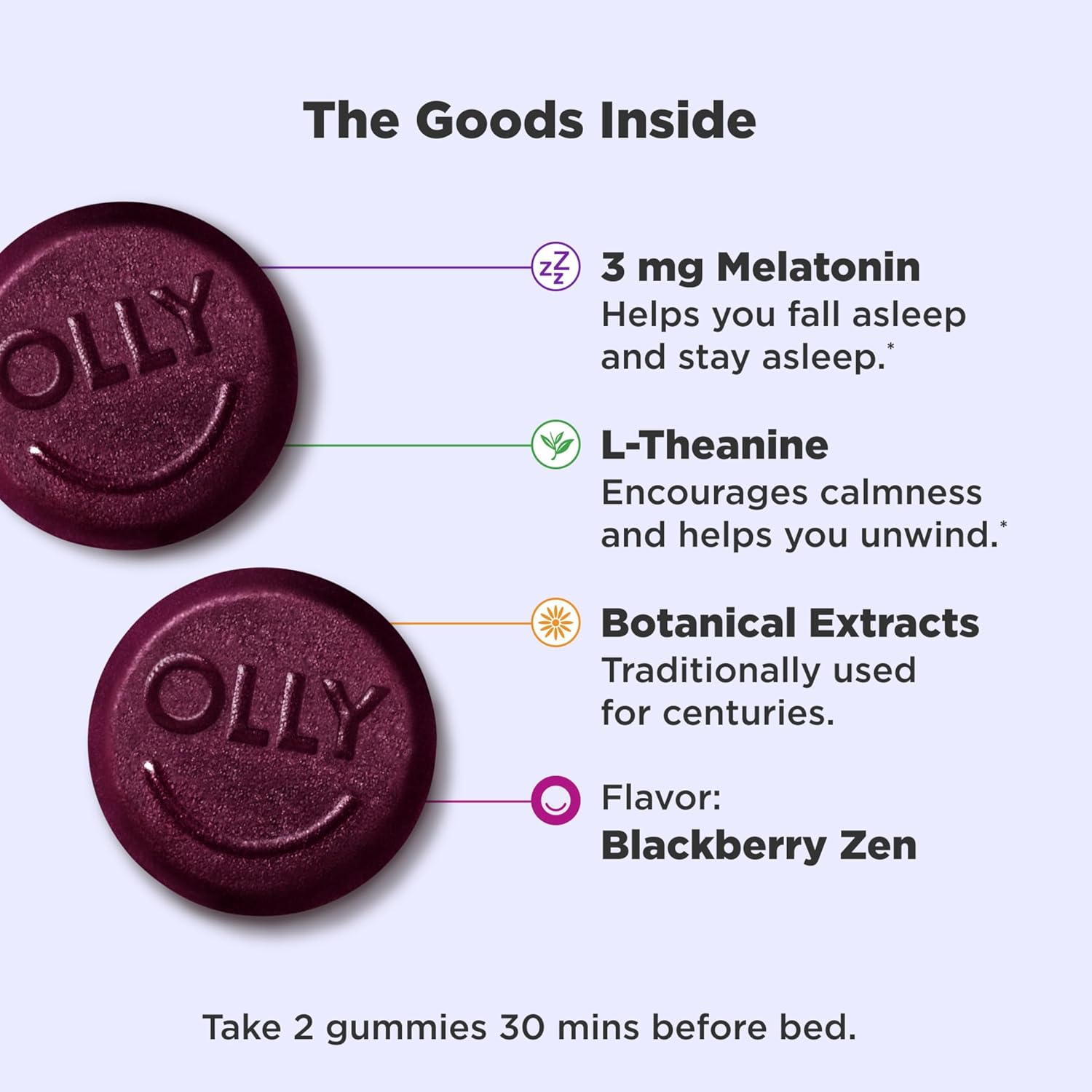 OLLY Sleep Gummy, Occasional Sleep Support, 3 mg Melatonin, L-Theanine, Chamomile and Lemon Balm Extracts, Sleep Supplement, Blackberry Flavor - 90 Count