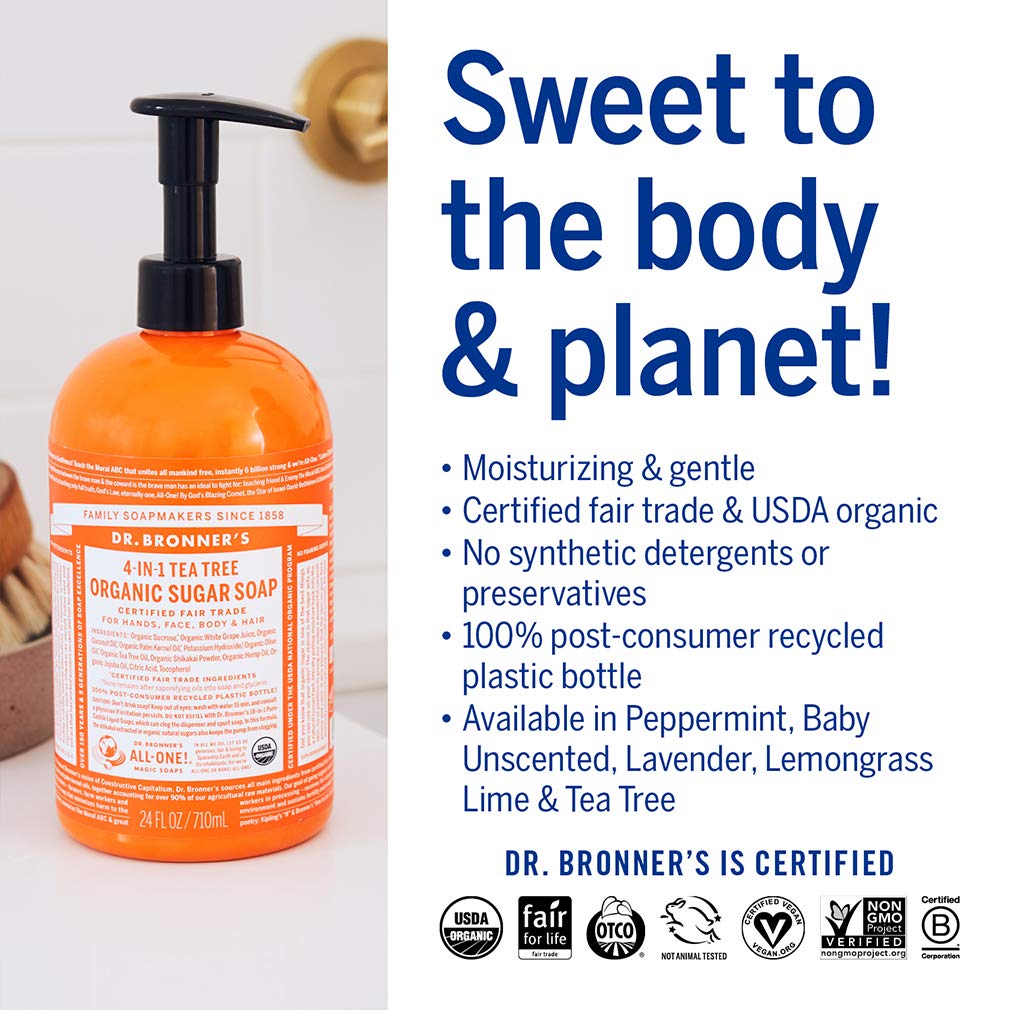 Dr. Bronner's - Organic Sugar Soap (Tea Tree, 24 Ounce) - Made with Organic Oils, Sugar and Shikakai Powder, 4-in-1 Uses: Hands, Body, Face and Hair, Cleanses, Moisturizes and Nourishes, Vegan : Bath Soaps : Beauty & Personal Care