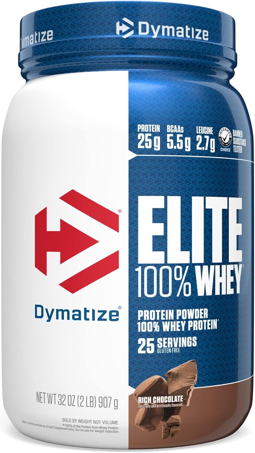 Dymatize Elite 100% Whey Protein Powder, 25G Protein, 5.5G Bcaas & 2.7 L-Leucine, Quick Absorbing & Fast Digesting For Optimal Muscle Recovery, Rich Chocolate, 5 Pound (63 Servings)
