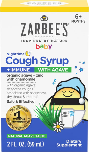 Zarbee'S Baby Nighttime Cough Syrup + Immune, Baby Cough Syrup, Organic Agave + Zinc & Chamomile, Cough Syrup For Babies, No Drugs Or Artificial Flavors, Natural Agave Taste, 2 Fl. Oz