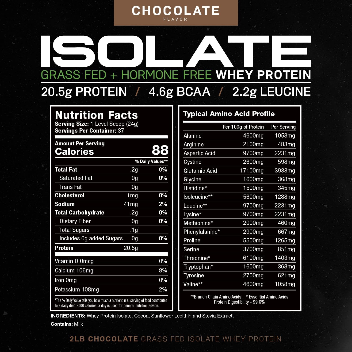 Muscle Feast Grass-Fed Whey Protein Isolate, All Natural Hormone Free Pasture Raised, Chocolate, 2lb (37 Servings) : Health & Household