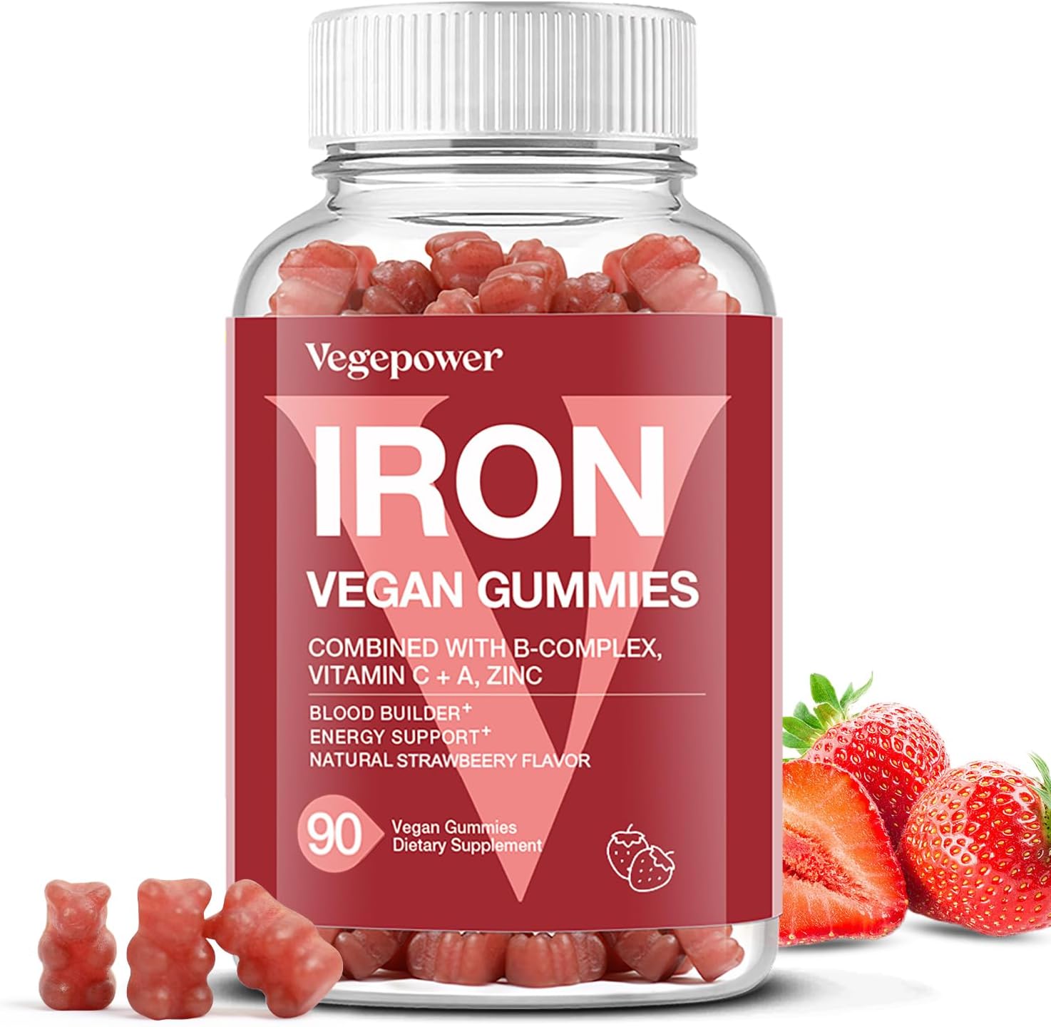 Iron Gummies Supplements For Women & Kids - Multivitamin With Iron For Blood Builder, Great Tasting Iron Gummy Vitamins With Vitamin C For Max Absorption - Vegan Iron Chewable, Strawberry 90 Count