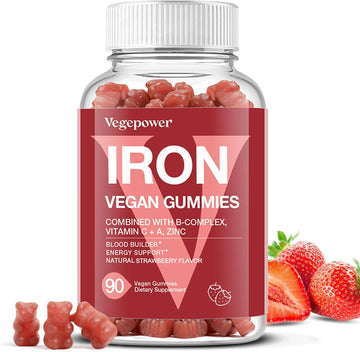 Iron Gummies Supplements For Women & Kids - Multivitamin With Iron For Blood Builder, Great Tasting Iron Gummy Vitamins With Vitamin C For Max Absorption - Vegan Iron Chewable, Strawberry 90 Count