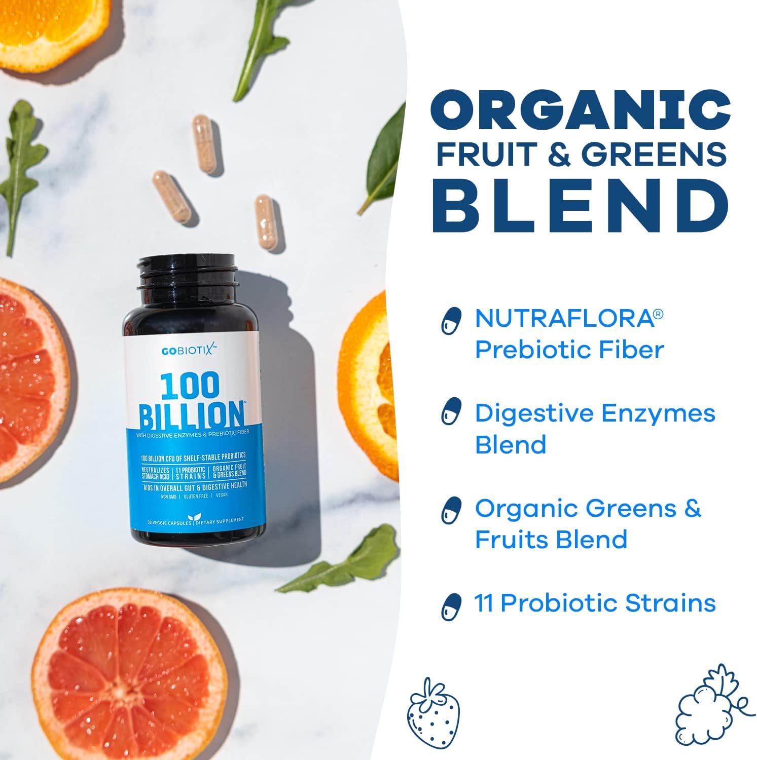Gobiotix 100 Billion - Digestive Enzymes Supplement - Probiotics Multivitamin - Prebiotic Fiber Blend - 100 Billion Cfu - Organic Fruit And Greens Blend - Vegan, Non Gmo - 30 Capsules : Health & Household