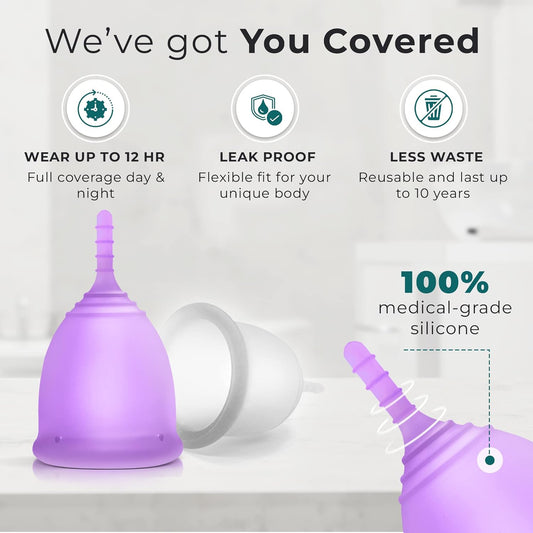 EcoBlossom Reusable Menstrual Cup Set - The Most Reliable Medical Grade Silicone Period Cups - Comfortably use for 12 Hours (2 Regular Cups)