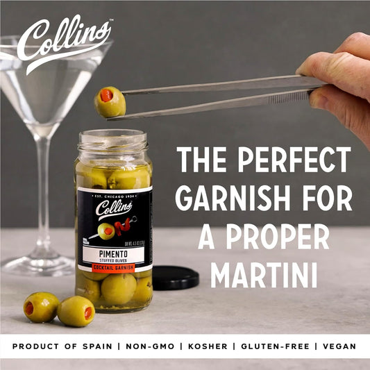 Collins Pimento Stuffed Olives - Gourmet Cocktail Olives - Spanish Queen Olives with Pimento Pepper, Dirty Martini cocktail and Condiment Olives 4.5oz