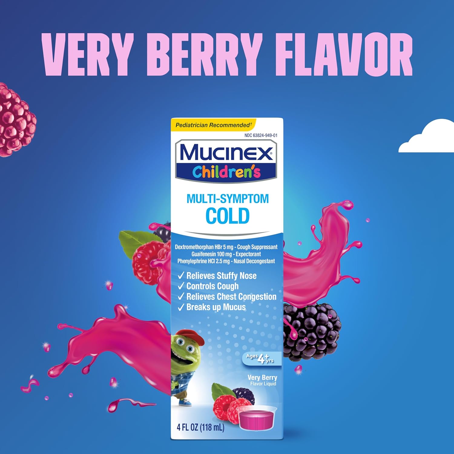 Mucinex Children's Multi-Symptom Cold Medicine, Kids Cough Medicine, Mucinex Kids Medicine/Decongestant with Dextromethorphan HBr, Guaifenesin, Phenylephrine HCl, Very Berry Flavor Liquid, 4 Fl Oz : Health & Household