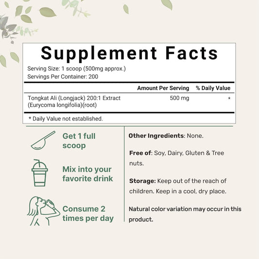 Micro Ingredients Tongkat Ali Extract 200:1 (Longjack) Powder, 100 Grams, Grown In Indonesia, 100% Pure Eurycoma Longifolia Root Extract, Bitter Taste - No Filler, No Additive, Non-Gmo
