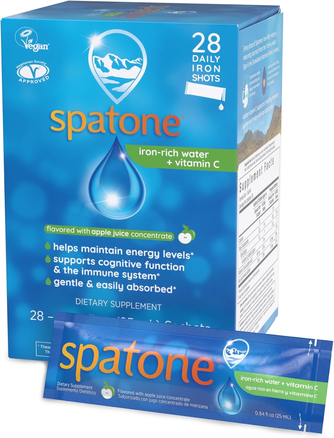 Spatone Natural Liquid Iron Supplement Plus Vit C For Women, Men & Kids Ages 4+, Ideal During Pregnancy, Easily Absorbed & Gentle, Vegan, Vegetarian, Apple Flavor, 28-Day, 5Mg Of Iron Per 20Ml Sachet