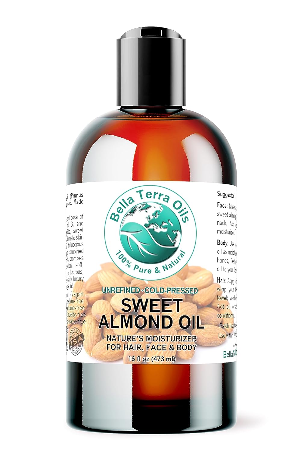 Bella Terra Oils - Organic Sweet Almond Oil 16 oz - Harnessing Almond’s Rich Vitamin A & B Profile, Cold-Pressed, Ideal for Radiant Skin