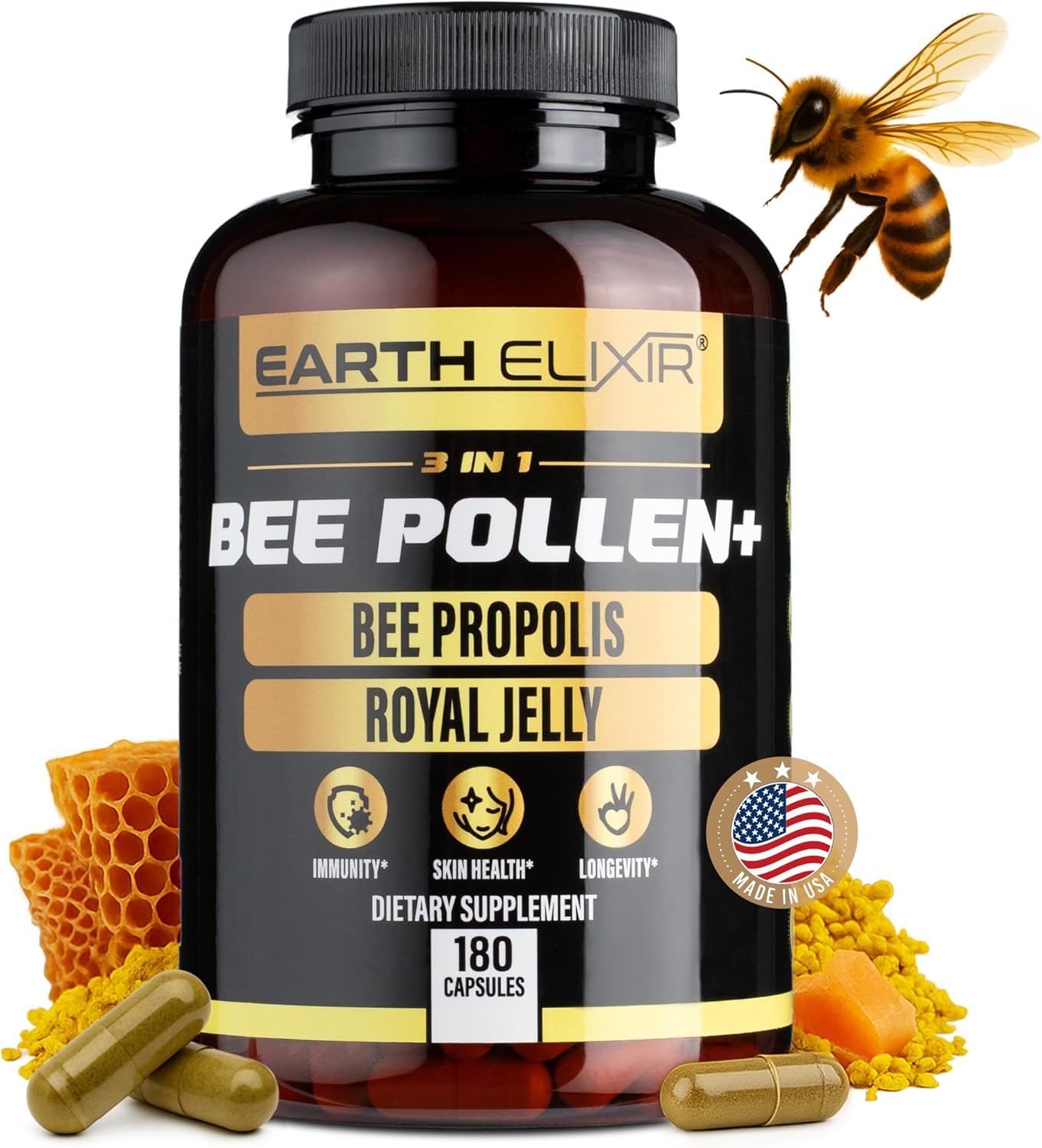 3-In-1 Organic Bee Pollen Capsule – Non-Gmo, Pure Raw Bee Pollen, Royal Jelly, Propolis Extract For Women & Men – Natural Energy, Immune & Vitality Support – 180 Propolis Capsules