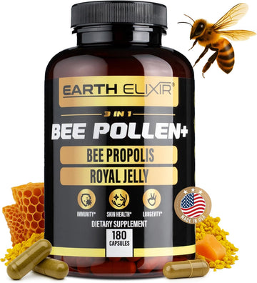 3-In-1 Organic Bee Pollen Capsule – Non-Gmo, Pure Raw Bee Pollen, Royal Jelly, Propolis Extract For Women & Men – Natural Energy, Immune & Vitality Support – 180 Propolis Capsules