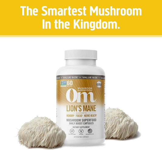 Om Mushroom Superfood Lion's Mane Mushroom Capsules Superfood Supplement, 180 Count, 60 Days, Fruit Body and Mycelium Nootropic for Memory Support, Focus, Clarity, Nerve Health, Creativity and Mood
