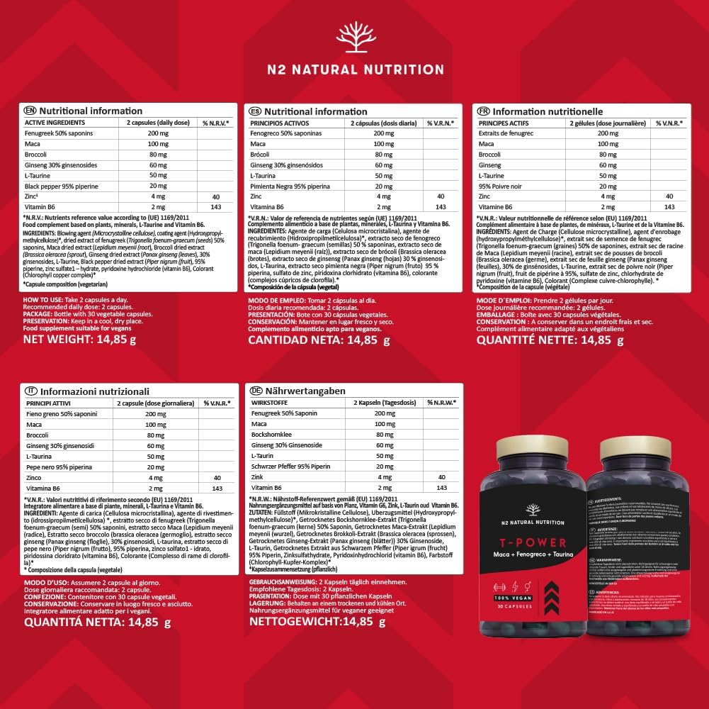 T-Power Natural Supplements for Men. Maca Root, Zinc, Gingseng, Fenugreek, L-Taurine, Black Pepper. Mood Stimulant + Endurance + Energy. Pre Workout. 30 Capsules. Vegan. N2 Natural Nutrition : Amazon.co.uk: Health & Personal Care