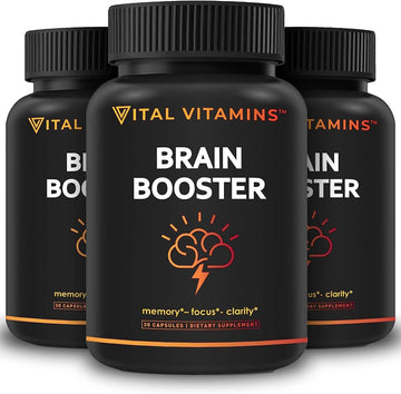 Vital Vitamins Brain Supplements For Memory And Focus (3 Pack) - Nootropic Brain Support - Memory, Clarity, Focus, Energy - Vitamin B12, Gingko Biloba, Dmae