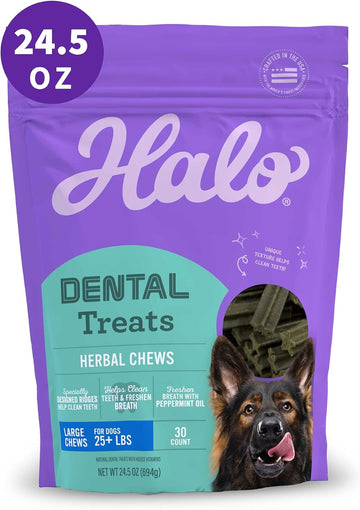 Halo Herbal Dental Treats, Natural, Dental Health, For Large Dogs 25 Lbs And Up, 24.5-Oz Pouch, (30 Count)