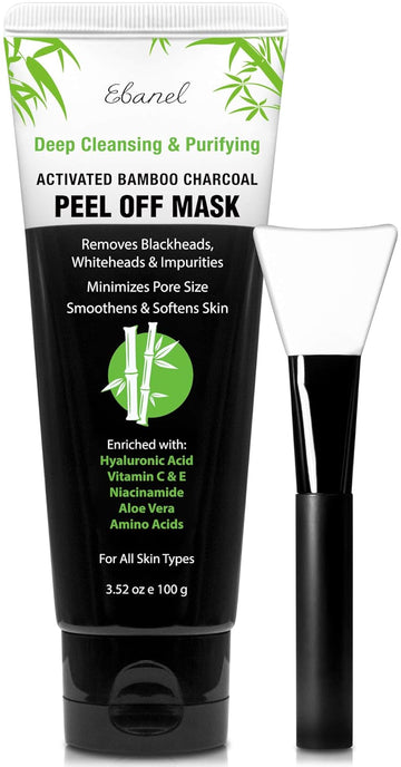 Ebanel Blackhead Remover Charcoal Peel Off Face Mask With Brush, Deep Cleansing Purifying Charcoal Mask Pore Cleaner Minimizer With Niacinamide, Hyaluronic Acid, Aloe, Green Tea, Brush May Vary