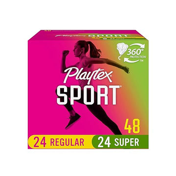 Playtex Sport Tampons, Multipack, Regular and Super Absorbency, Unscented, 48 Count, White